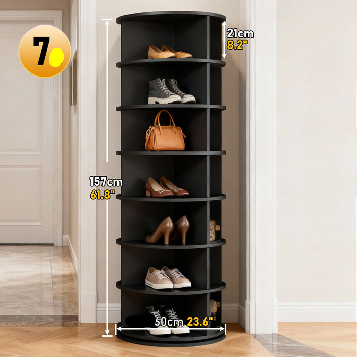 Black shoe rack with shoes on a wooden floor, showing dimensions.
