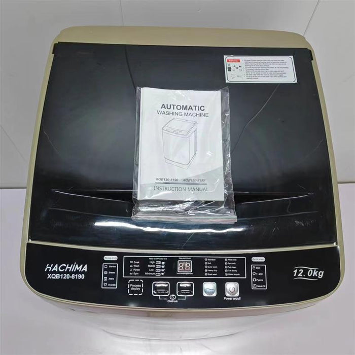 Hachima washing machine with a instruction manual on top, against a white background