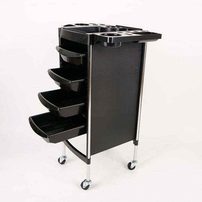 Black rolling cart with multiple drawers and a sink on a white background