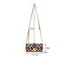 Checkered handbag with chain strap and measurements on a white background
