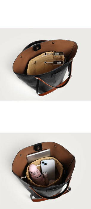 The image shows a two-tone handbag with a lychee pattern, primarily in black and white colors, displayed in an open shoulder tote style.