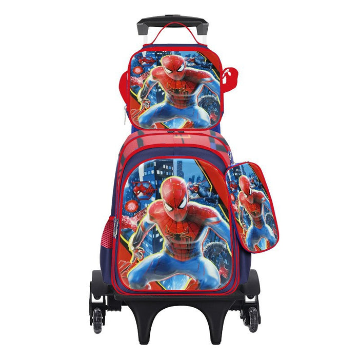 Spider-Man themed rolling backpack on a white background