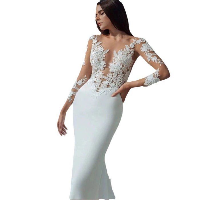 Dio Women's Sexy White Long Sleeves Appliques Lace Illusion Neck Bridal Mermaid Wedding Dress - Dio Kollections