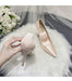 Pink high-heeled shoes being held by a hand on a white fur surface with a bouquet of white roses and a veil in the background.