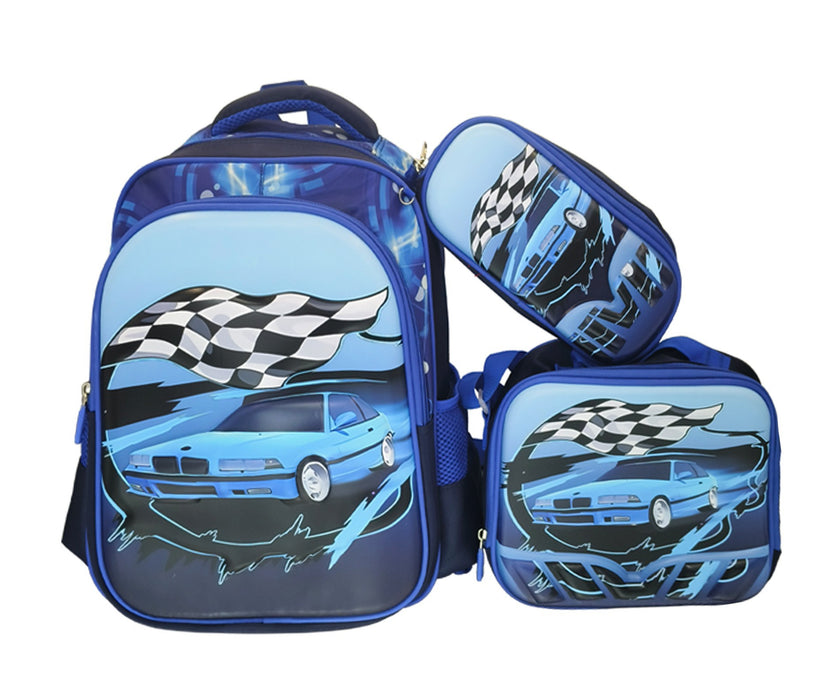 Blue backpack and lunch bag set with car and checkered flag design on a white background