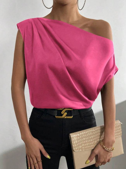 Satin Imitation Silk Irregular Shoulder Sleeveless Pullover Shirt for Women - Dio Kollections