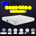 White mattress on a dark background with product features displayed below.