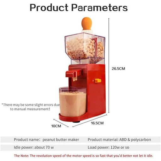 Peanut butter maker with dimensions and product parameters on a white background