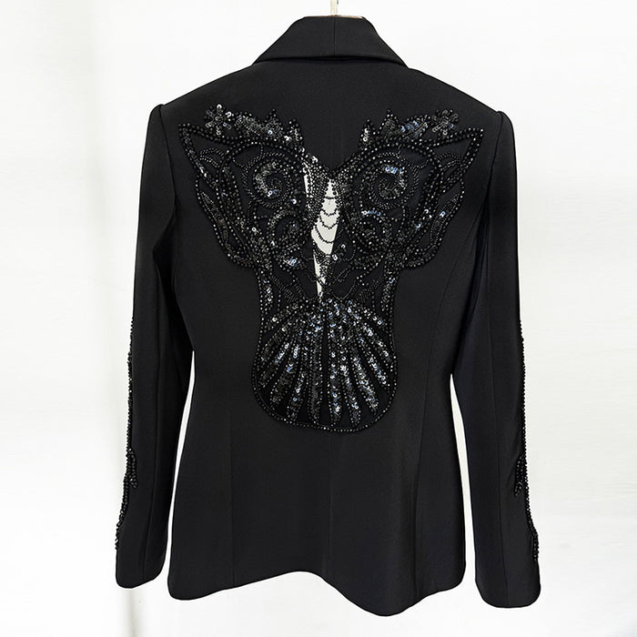 Black blazer with butterfly-shaped sequin design on the back against a white background