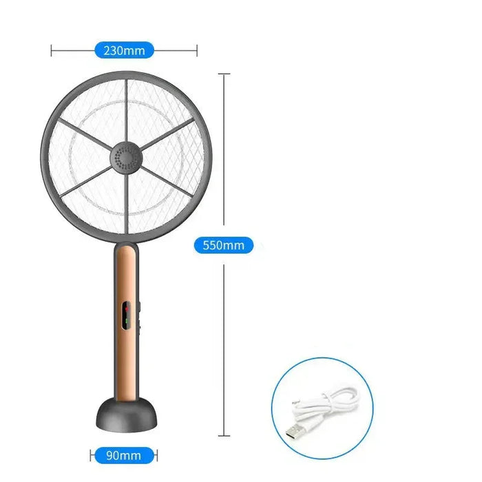 Handheld electric fan with dimensions and features on a white background