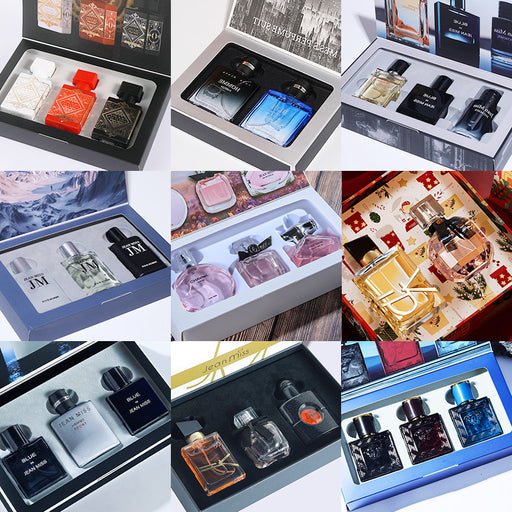 Collage of various perfume sets in different packaging