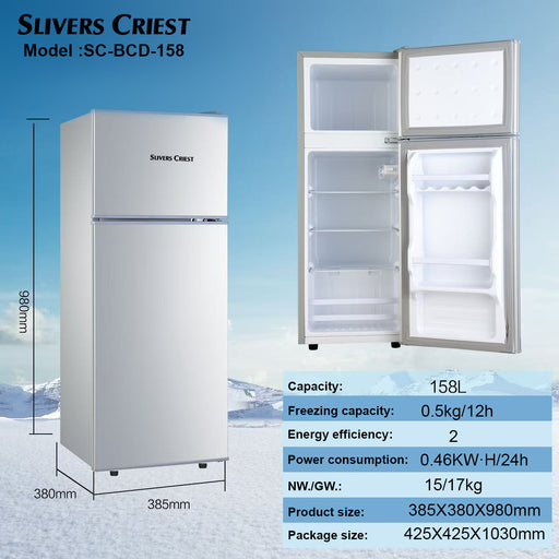 Slivers Priest refrigerator with dimensions and specifications on a blue gradient background