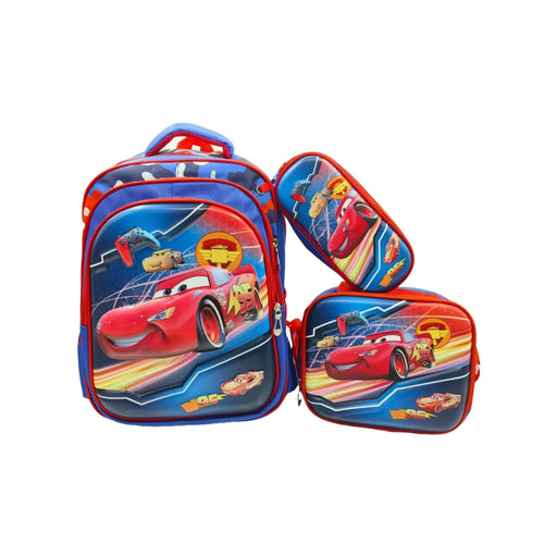 Backpack and lunch box set with Disney Cars design on a white background