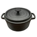 Black cast iron pot with lid on a white background