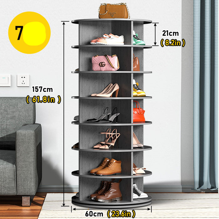 Shoe rack with shoes and handbags, showing dimensions, in a living room setting.