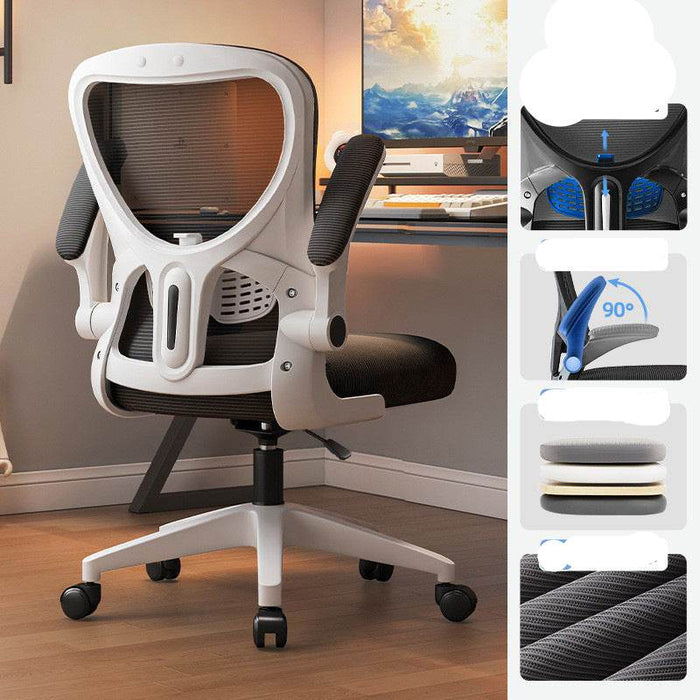 Ergonomic office chair with features highlighted on the right side