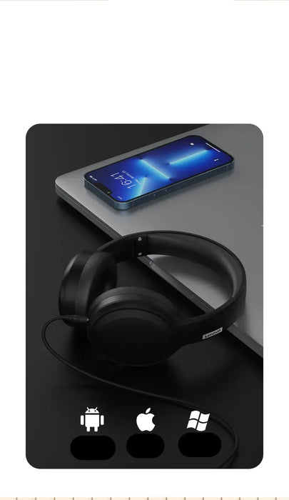 Black wireless earbuds with smartphone on a black surface, featuring compatibility icons for Android, iOS, and Windows.
