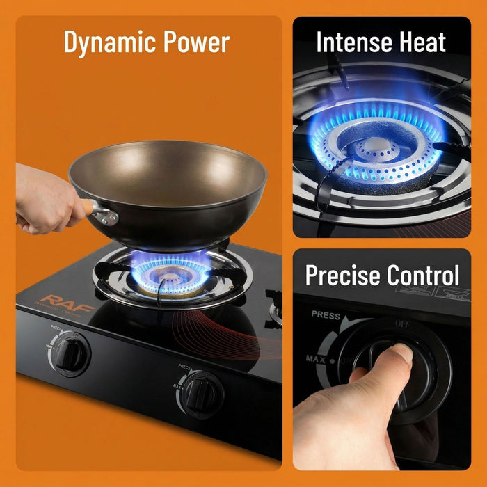 Gas stove with pan, flame, and control knob on an orange background