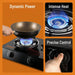 Gas stove with pan, flame, and control knob on an orange background