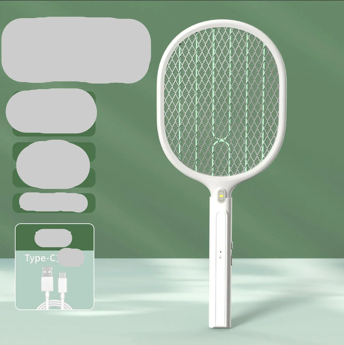 Electric fly swatter with features listed on a green background