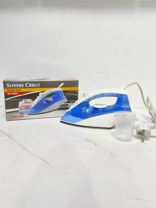 Blue and white steam iron with packaging on a white background