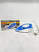 Blue and white steam iron with packaging on a white background