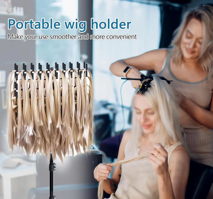 Portable wig holder with a woman using it to style another woman's hair.