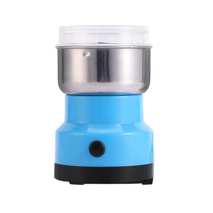 Blue and silver electric coffee grinder on a white background