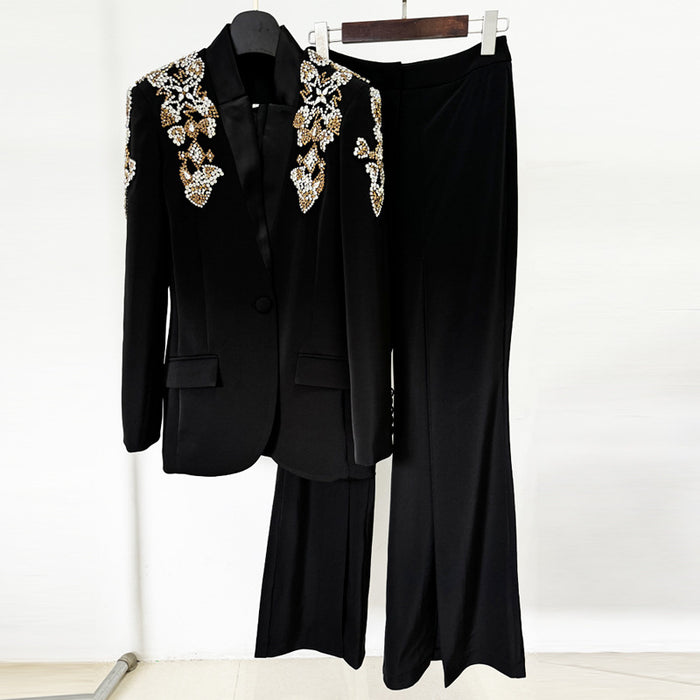 Star Fashion Heavy Industry Diamond Beading Stand Collar Blazer Slit Pants Suit