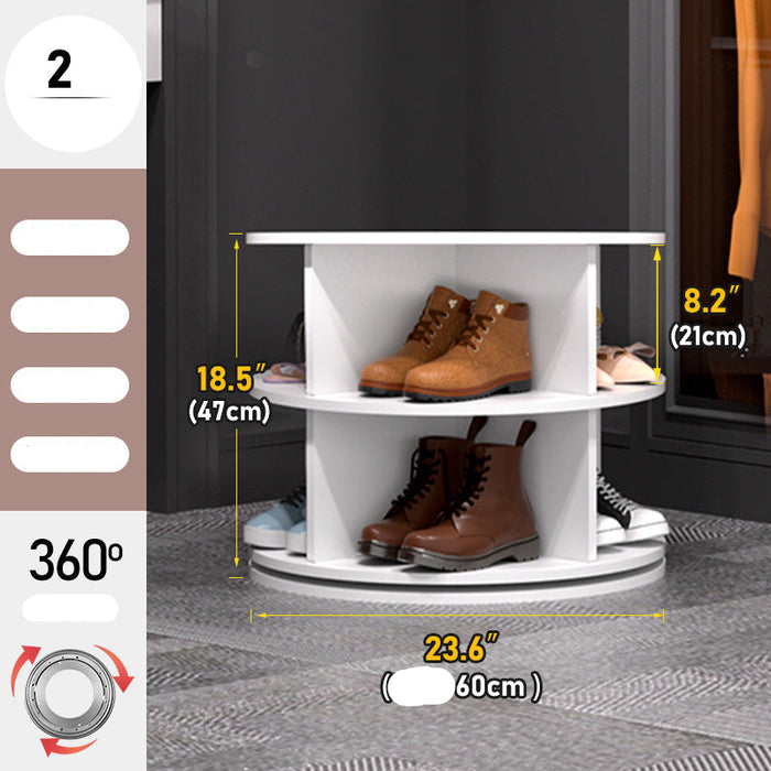 White shoe rack with shoes on a gray floor, showing dimensions and features.