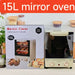 A 15L mirror oven toaster griller shown next to its retail box, with a red banner at the top reading '15L mirror oven'. The appliance has a cream-colored body with a glossy black mirror door and two round dials on the front.