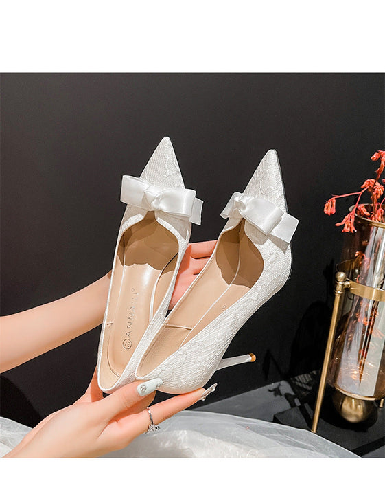 Western-Style High Heel Bow Lace White Wedding Stiletto Banquet Shoes