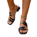 Black sandals with gold straps worn by a person on a white background