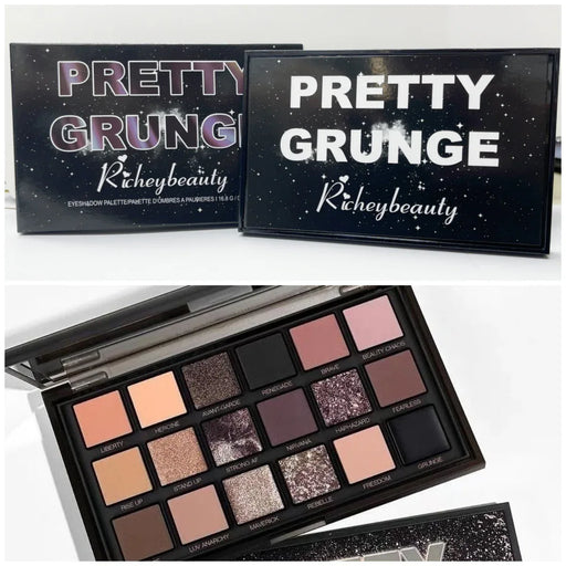 Makeup palette with 'Pretty Grunge' Richeybeauty packaging on a white background