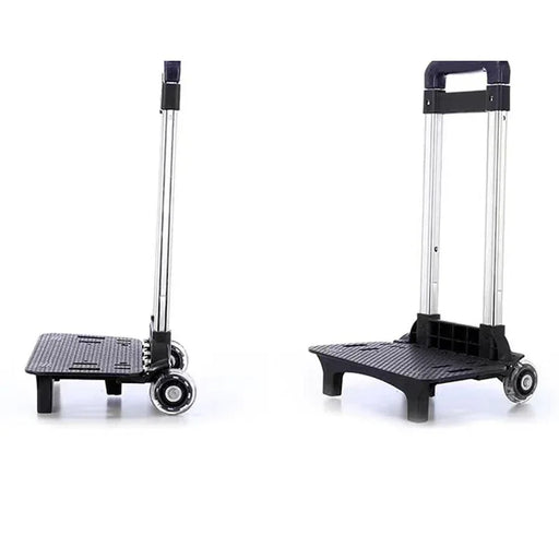 Two black and silver folding hand carts on a white background