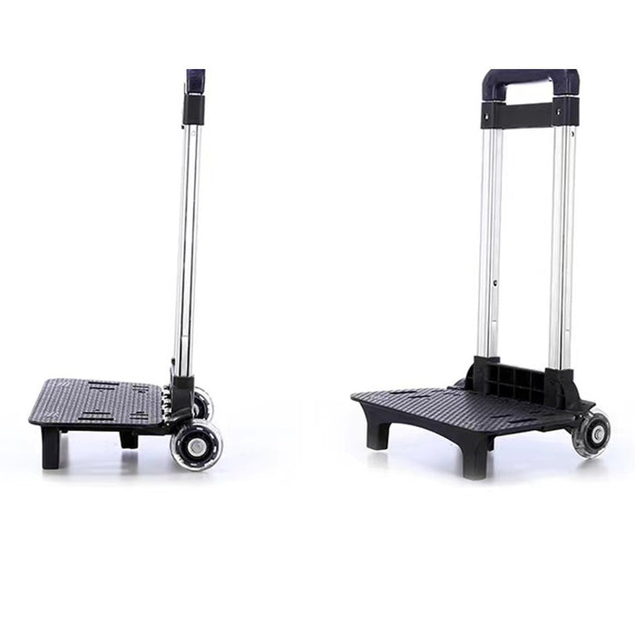 Two black and silver folding hand carts on a white background