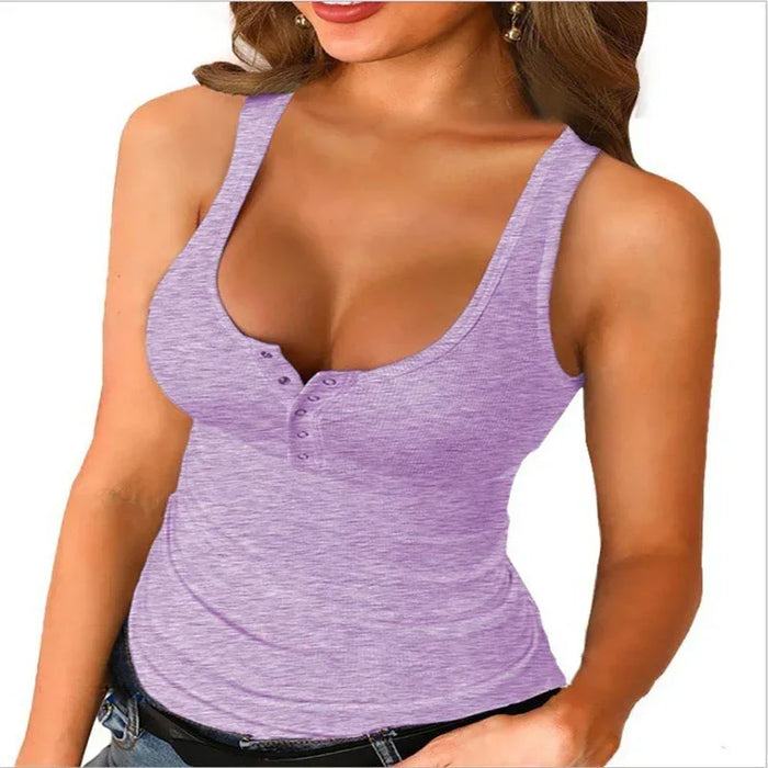 Woman wearing a purple tank top on a white background