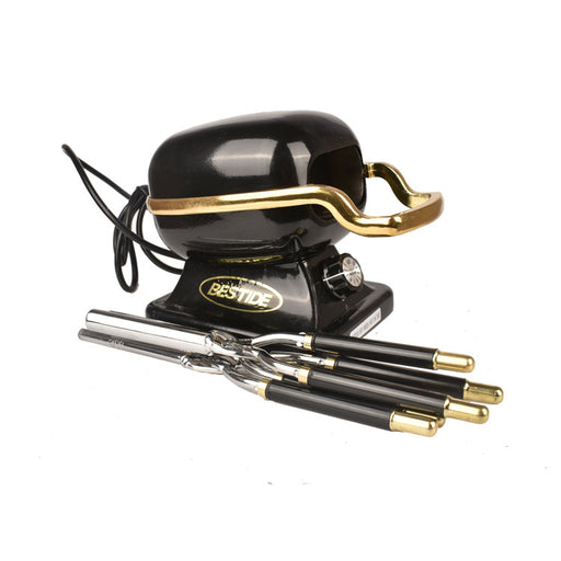 Black and gold hair straightener with attachments on a white background