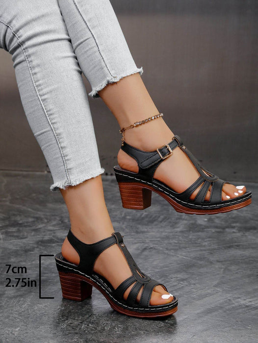 Summer New Solid Color Fish Mouth Thick Heel One-Way Buckle Strap High Heel Sandals - Dio Kollections