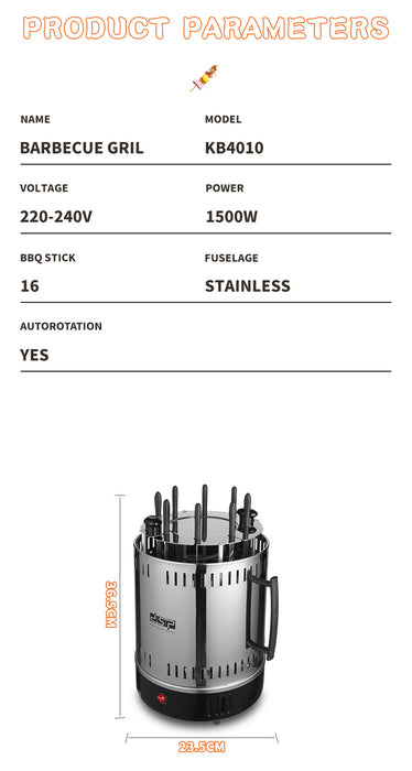 Technical product specification sheet for a barbecue grill, showing model KB4010, 1500W power, stainless steel fuse, 220-240V voltage, and dimensions of the grill with a black and silver body.