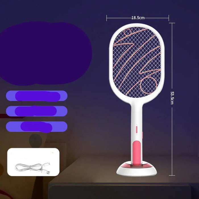 Electric fly swatter with dimensions on a dark background