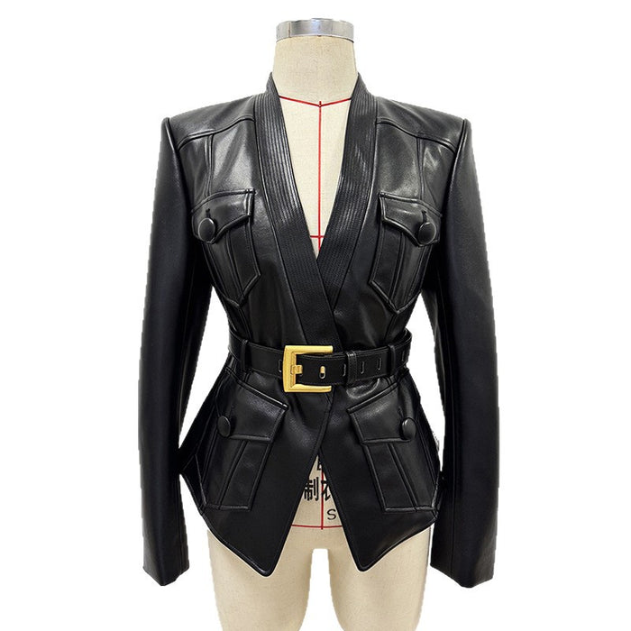 Black leather jacket with gold buckle on a mannequin against a white background