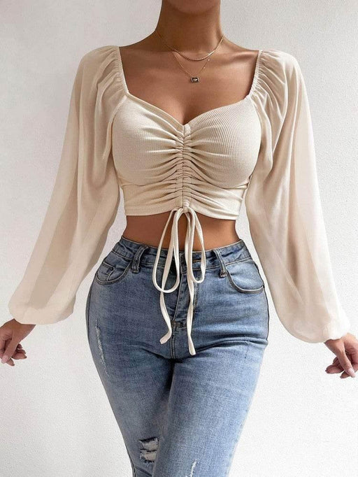 Dio Women's Casual V-Neck Crop Tee with Drawstring Detail - Dio Kollections