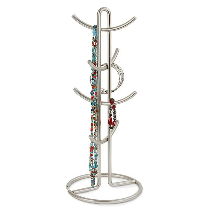 Jewelry stand with colorful beads on a white background