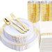 Gold and white party supplies including plates, cutlery, and cups on a white background