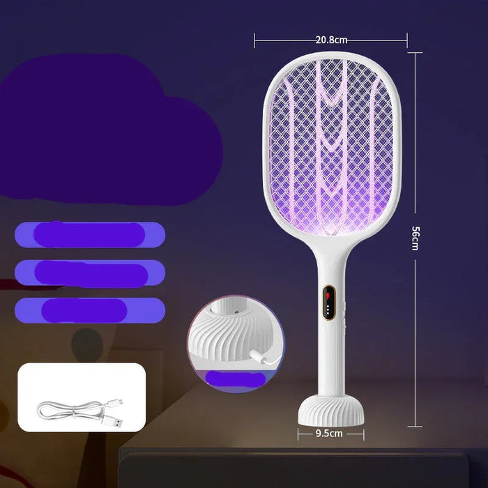 Electric fly swatter with dimensions and features on a dark background