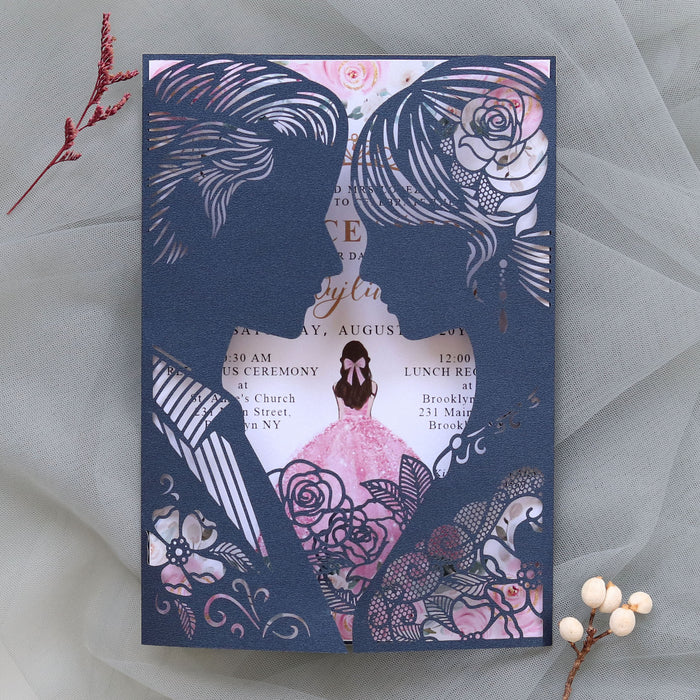 Invitation card with silhouettes of a couple and floral designs on a textured fabric background.