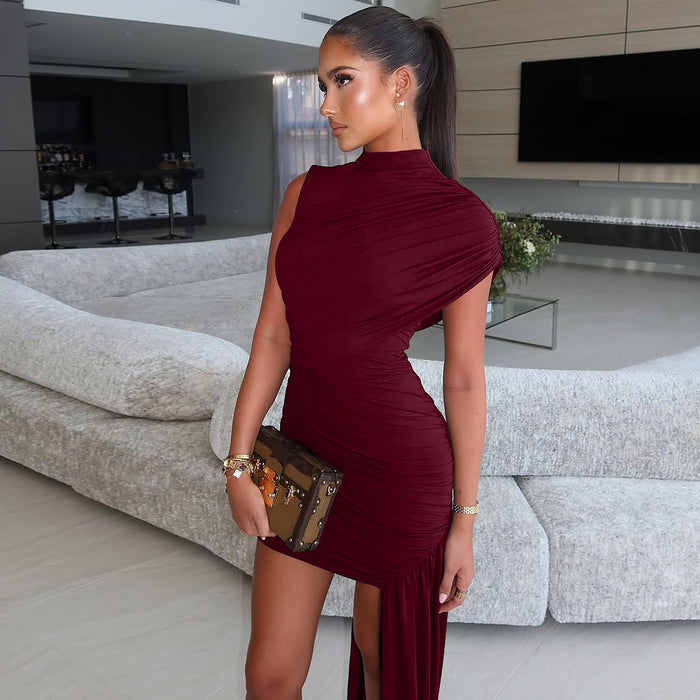 Dio Round Neck Pleated Ribbon Bag Hip Irregular Sleeveless Dress