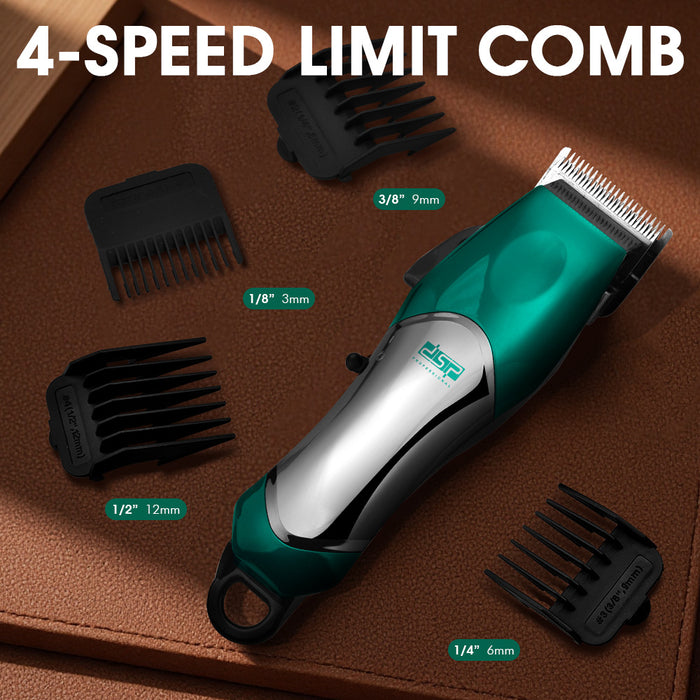 Hair trimmer with interchangeable combs on a brown background