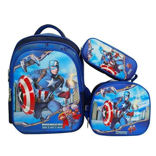 Captain America-themed backpack and pencil case set on a white background